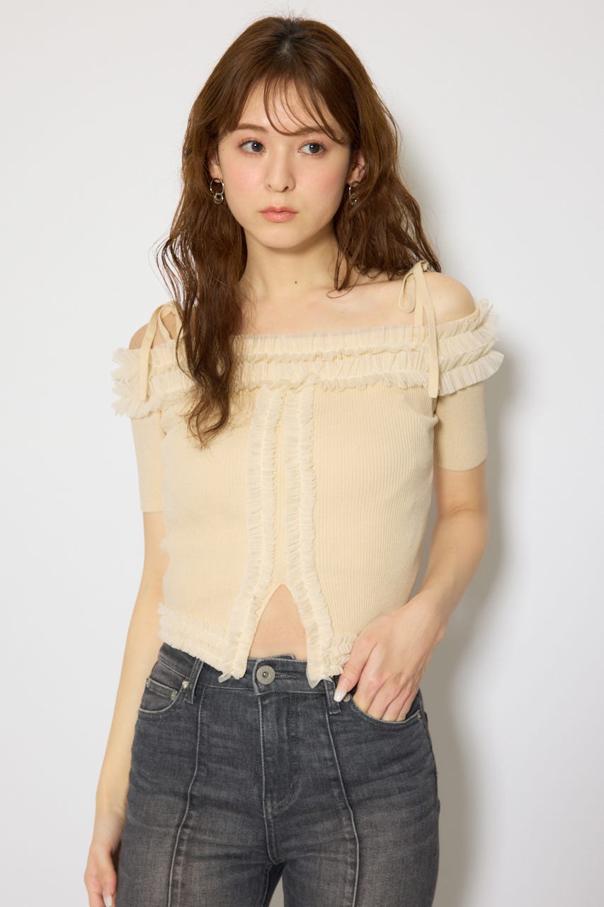 オフショルフリルニットトップス L/YEL FREE