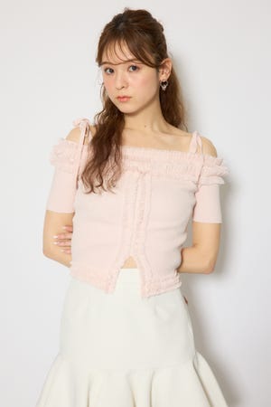 オフショルフリルニットトップス