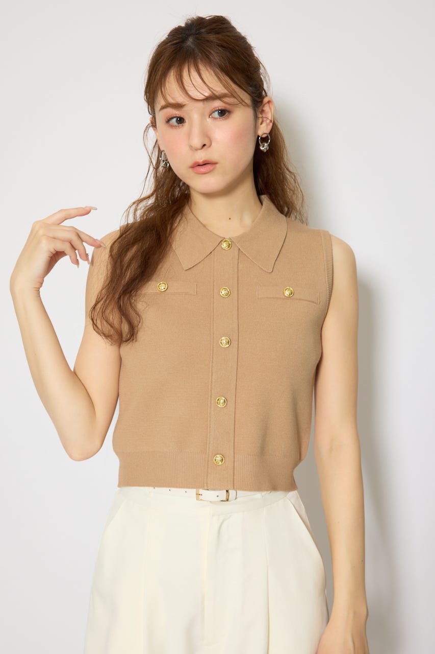 ゴールドボタンノースリニットトップス CAM FREE