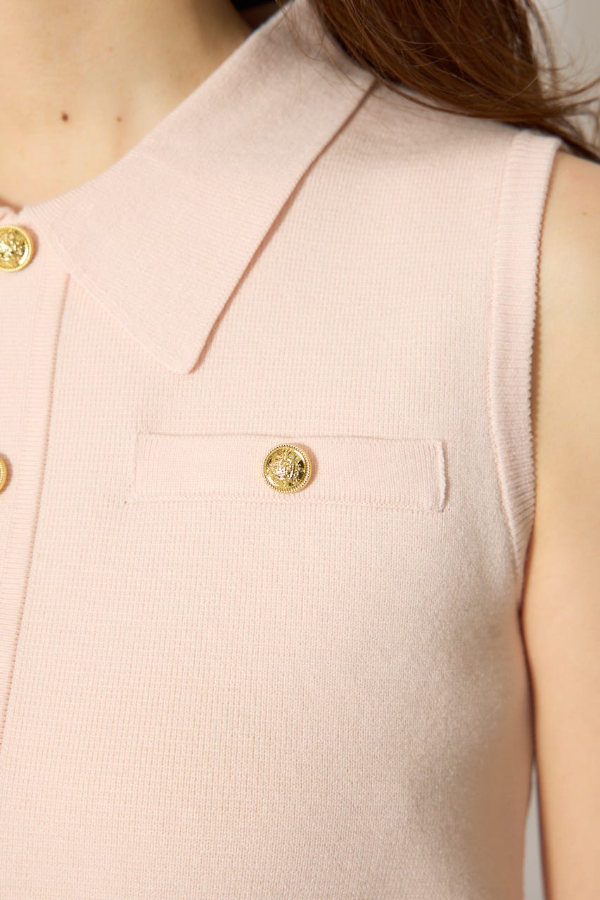 ゴールドボタンノースリニットトップス L/PNK FREE