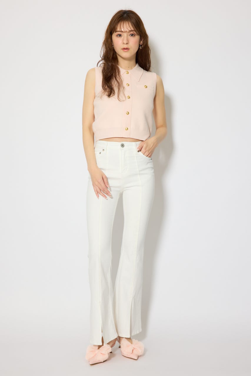 ゴールドボタンノースリニットトップス L/PNK FREE