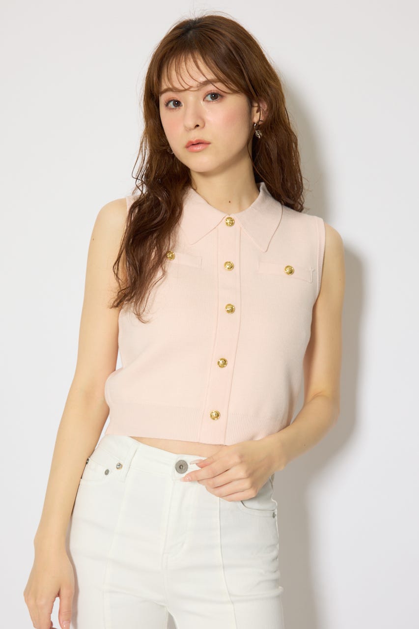 ゴールドボタンノースリニットトップス L/PNK FREE