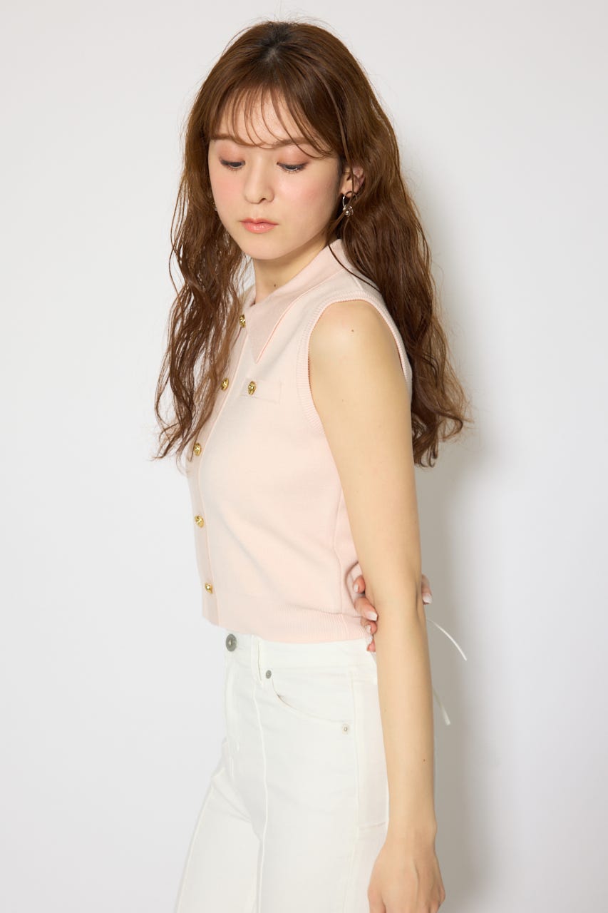 ゴールドボタンノースリニットトップス L/PNK FREE