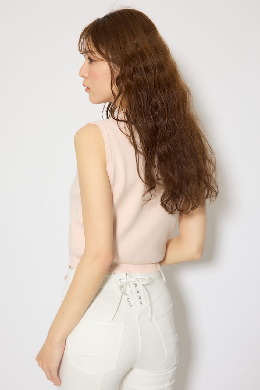 ゴールドボタンノースリニットトップス L/PNK FREE