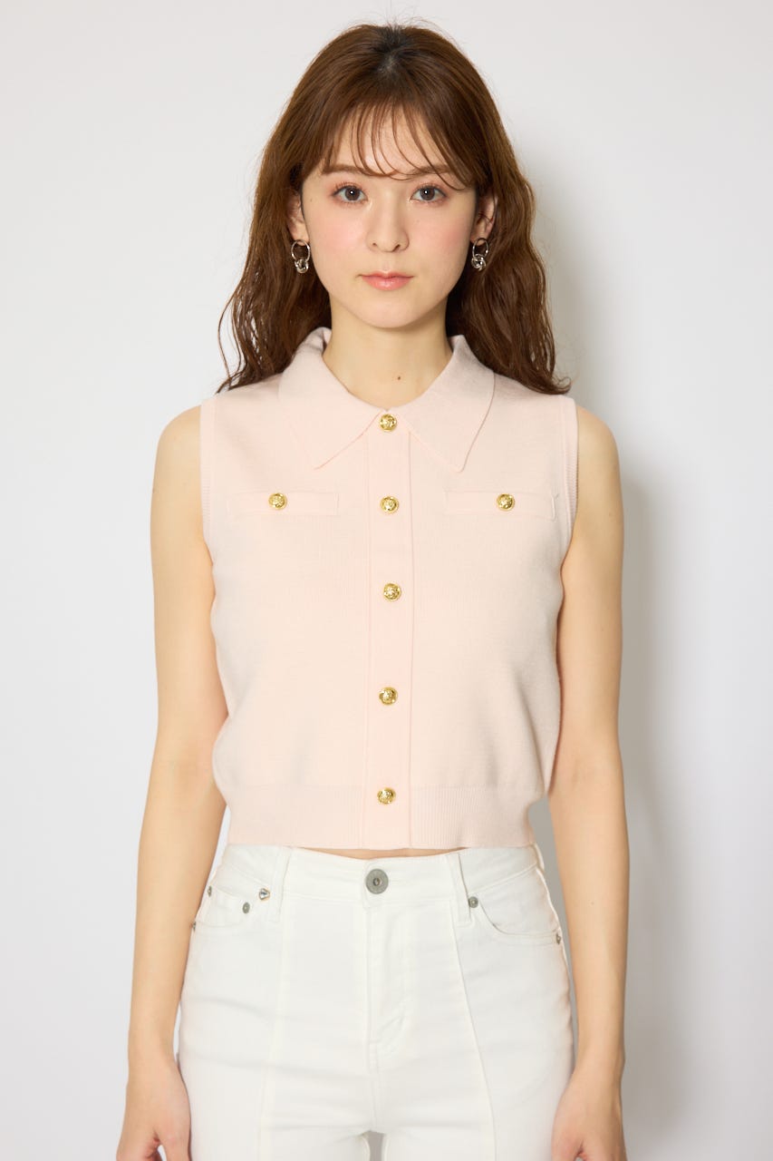 ゴールドボタンノースリニットトップス L/PNK FREE