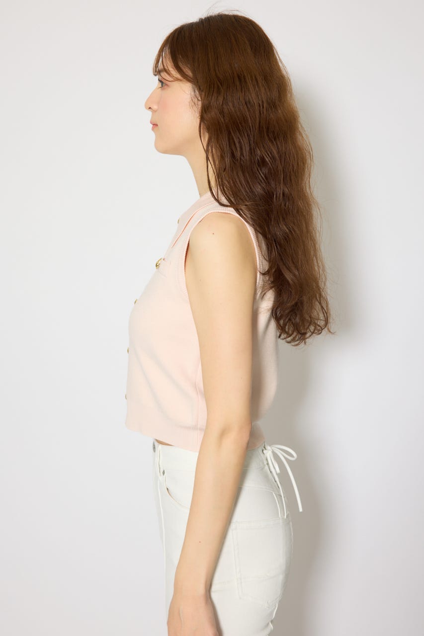 ゴールドボタンノースリニットトップス L/PNK FREE