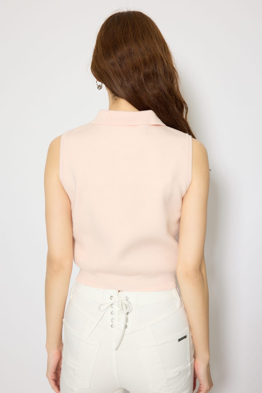 ゴールドボタンノースリニットトップス L/PNK FREE