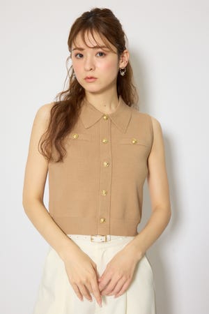 ゴールドボタンノースリニットトップス