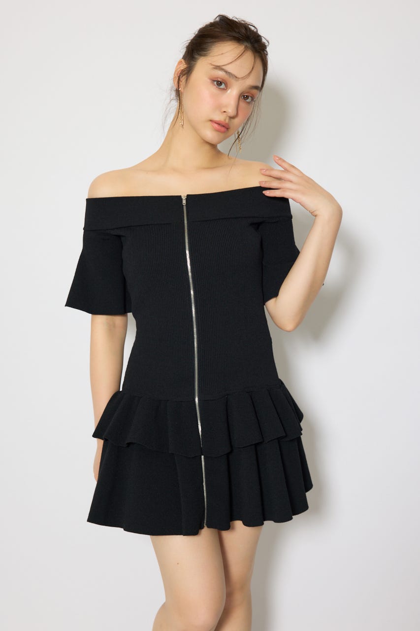 オフショルフロントジップニットミニワンピース BLK FREE