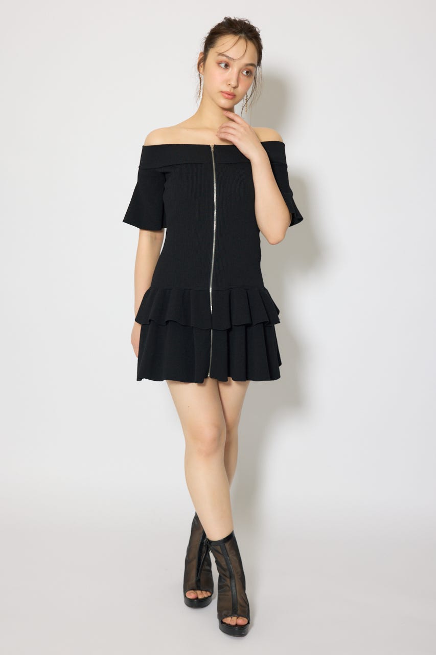 オフショルフロントジップニットミニワンピース BLK FREE