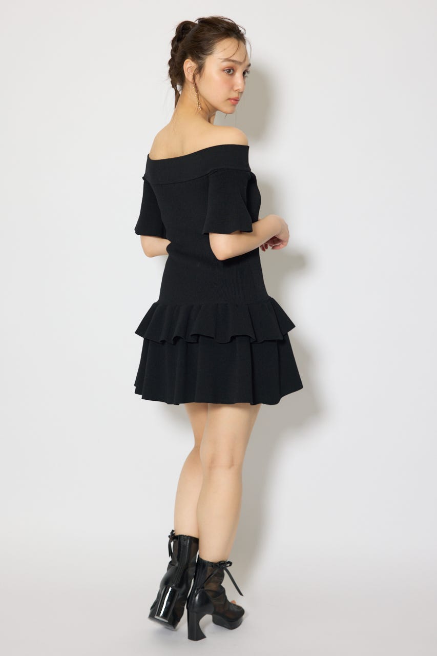 オフショルフロントジップニットミニワンピース BLK FREE