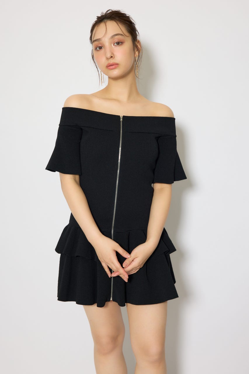 オフショルフロントジップニットミニワンピース BLK FREE