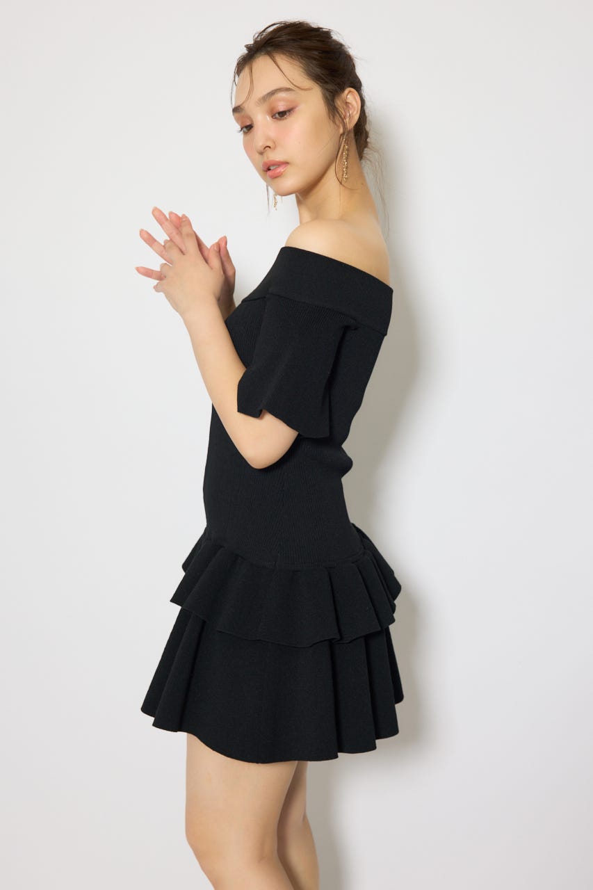 オフショルフロントジップニットミニワンピース BLK FREE