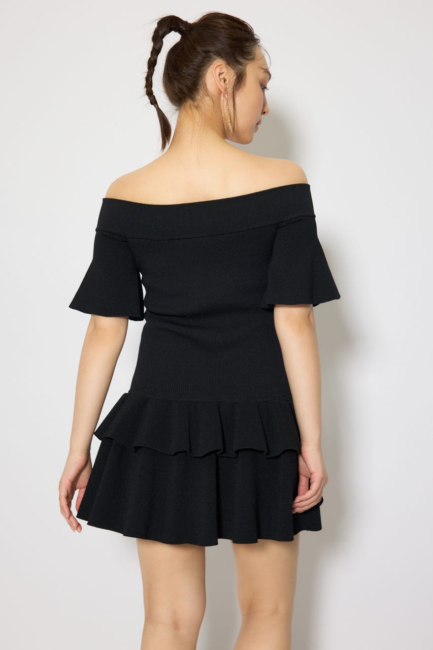 オフショルフロントジップニットミニワンピース BLK FREE