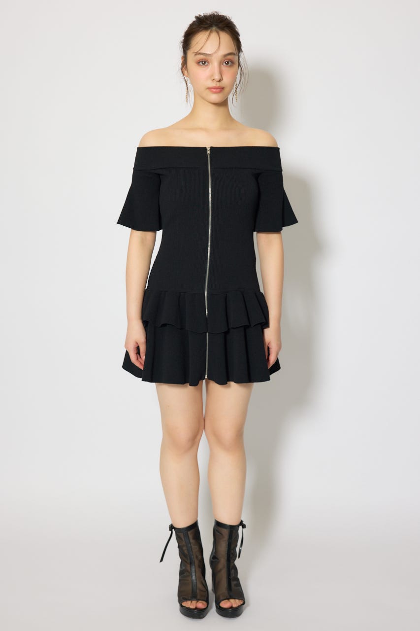 オフショルフロントジップニットミニワンピース BLK FREE