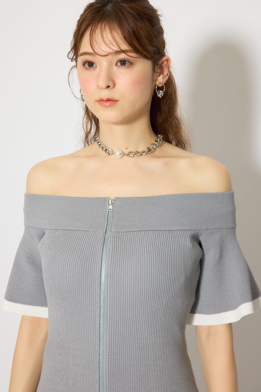オフショルフロントジップニットミニワンピース GRY FREE