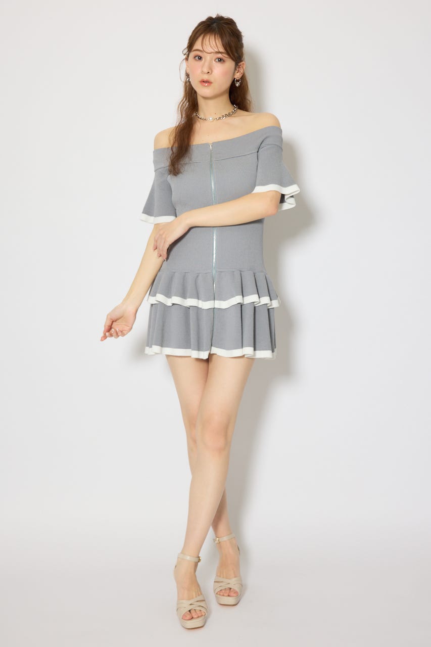オフショルフロントジップニットミニワンピース GRY FREE