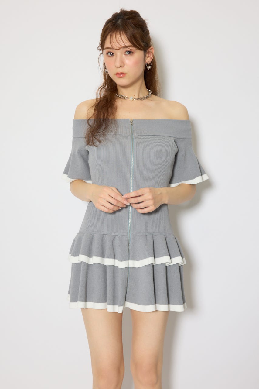 オフショルフロントジップニットミニワンピース GRY FREE