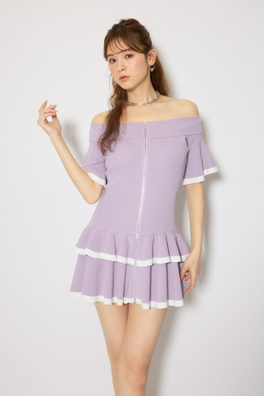 オフショルフロントジップニットミニワンピース PUR FREE