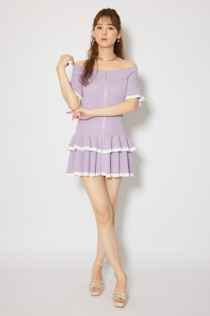 オフショルフロントジップニットミニワンピース PUR FREE