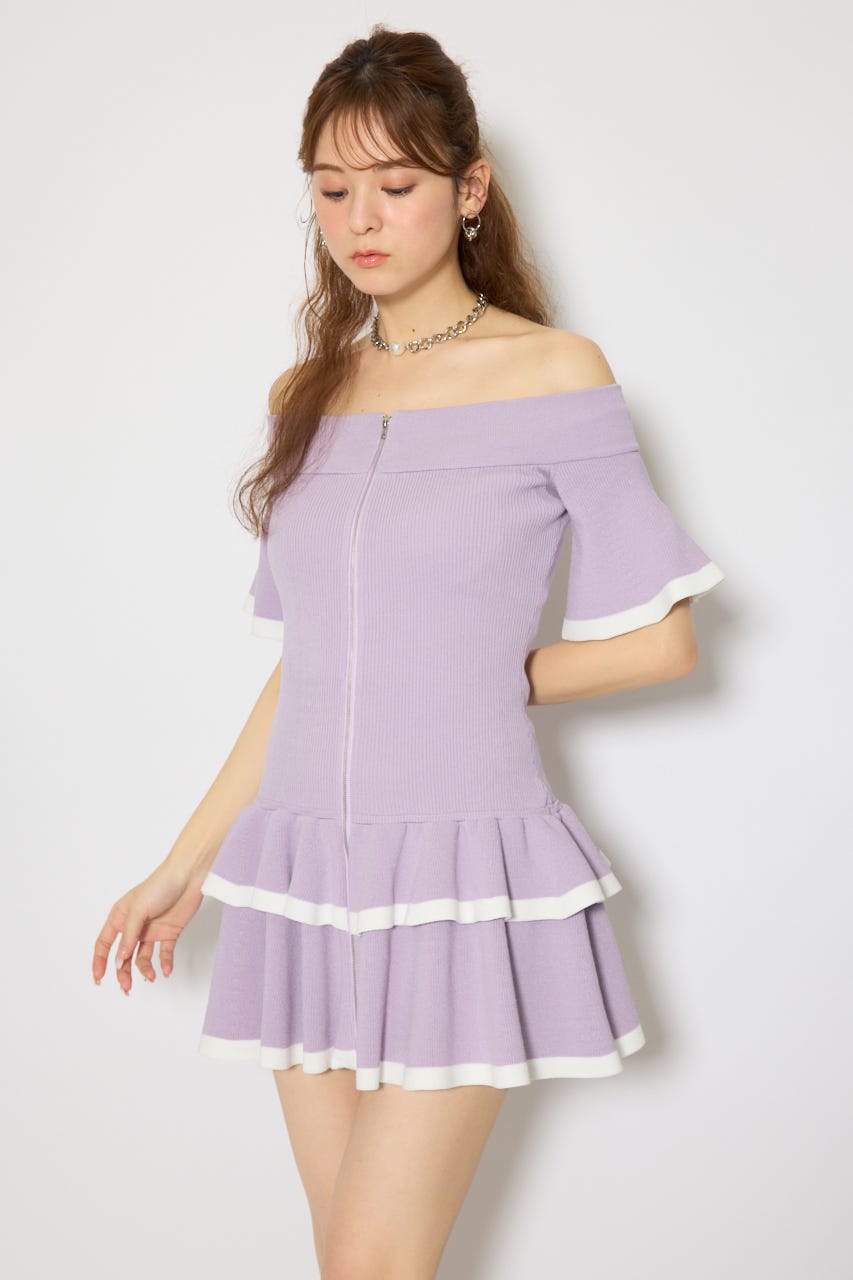 オフショルフロントジップニットミニワンピース PUR FREE