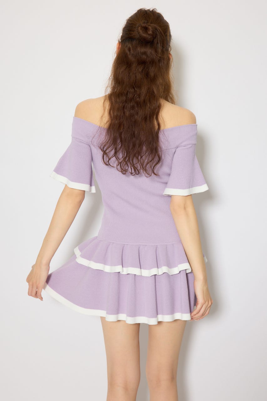 オフショルフロントジップニットミニワンピース PUR FREE