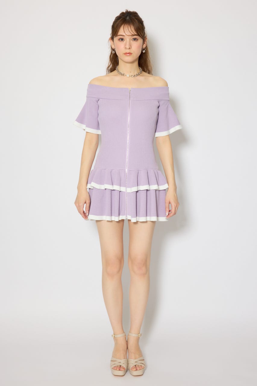 オフショルフロントジップニットミニワンピース PUR FREE