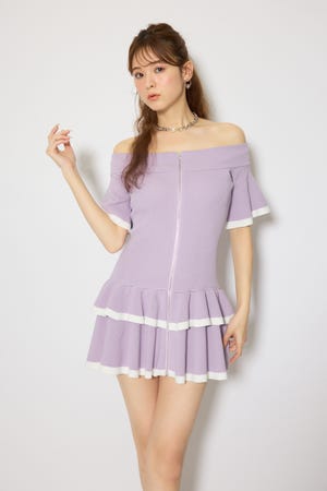 オフショルフロントジップニットミニワンピース