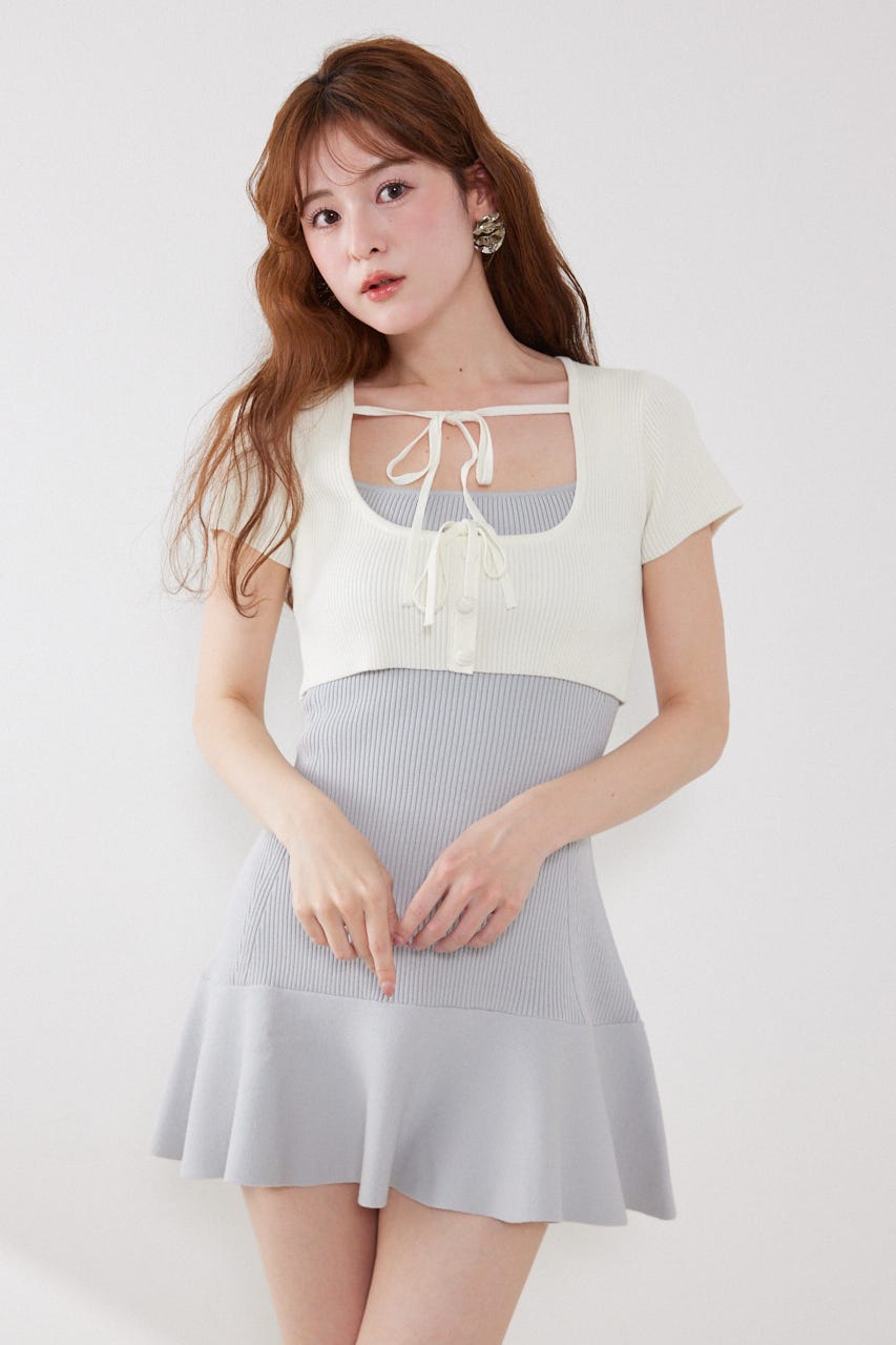 フロントリボンカーデセットニットミニワンピース M/BLU FREE
