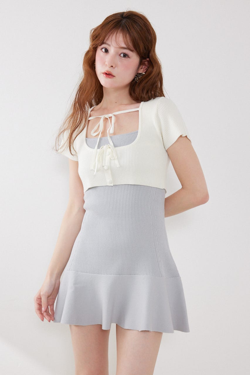 フロントリボンカーデセットニットミニワンピース M/BLU FREE