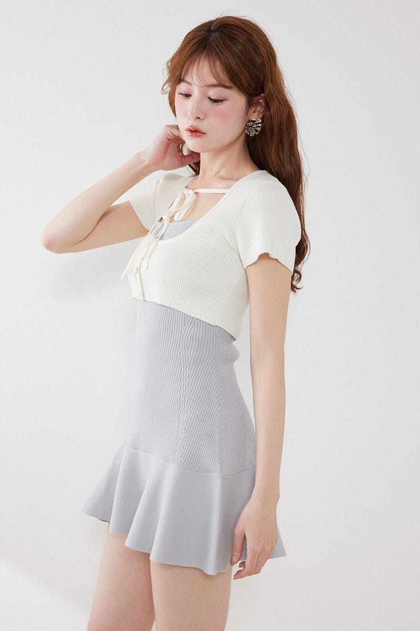 フロントリボンカーデセットニットミニワンピース M/BLU FREE