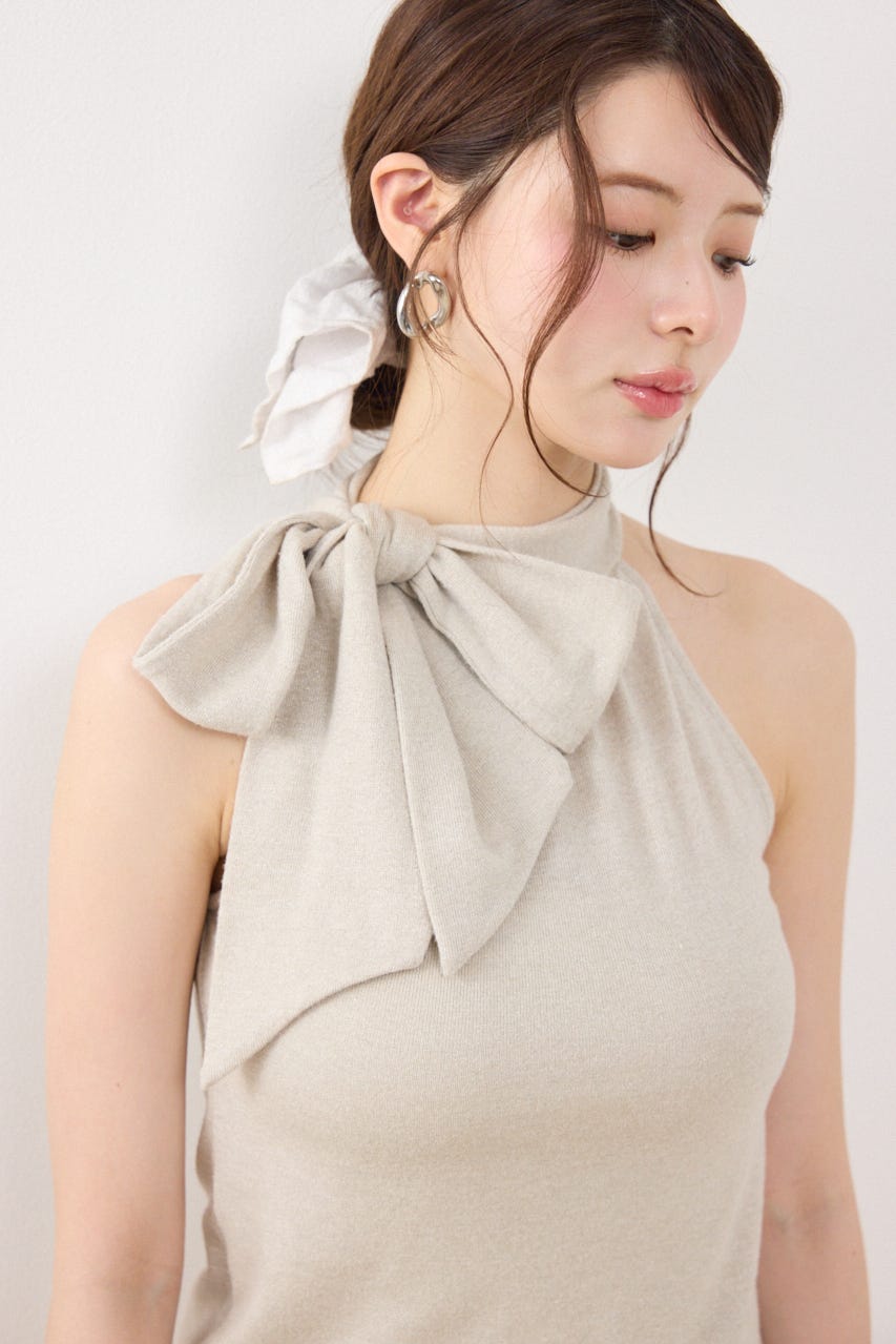 ラメフライスリボンネックトップス BEG FREE