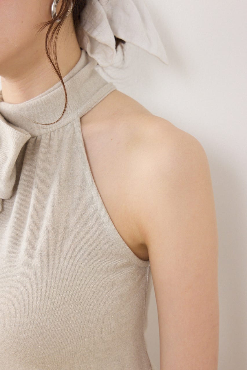 ラメフライスリボンネックトップス BEG FREE