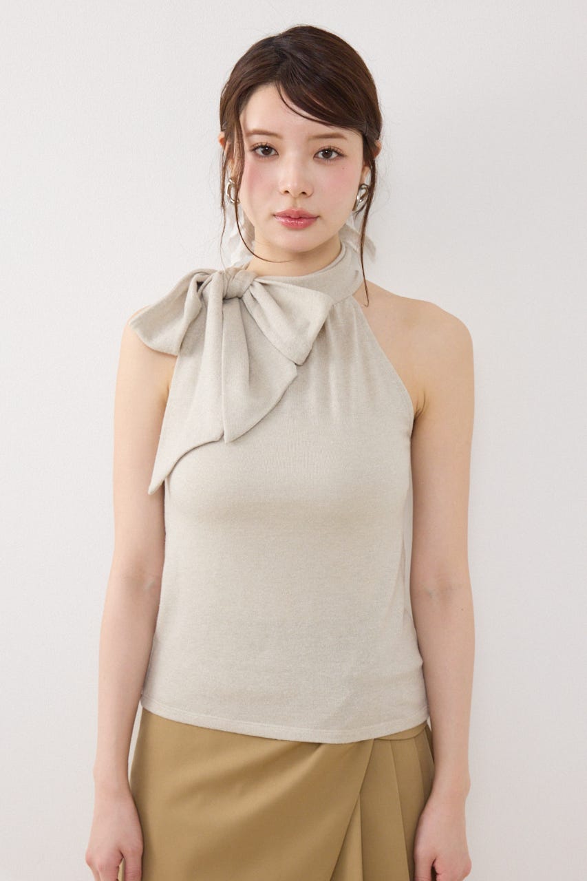 ラメフライスリボンネックトップス BEG FREE