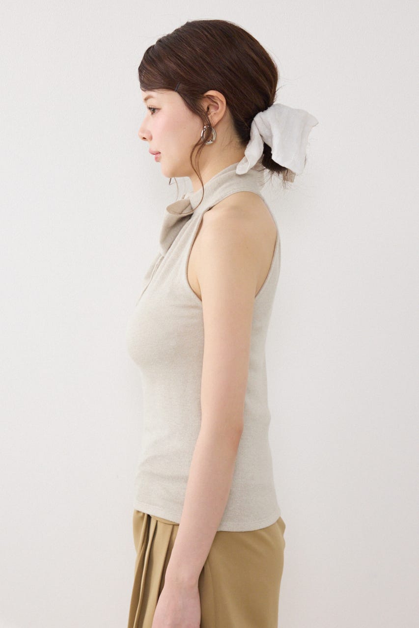 ラメフライスリボンネックトップス BEG FREE