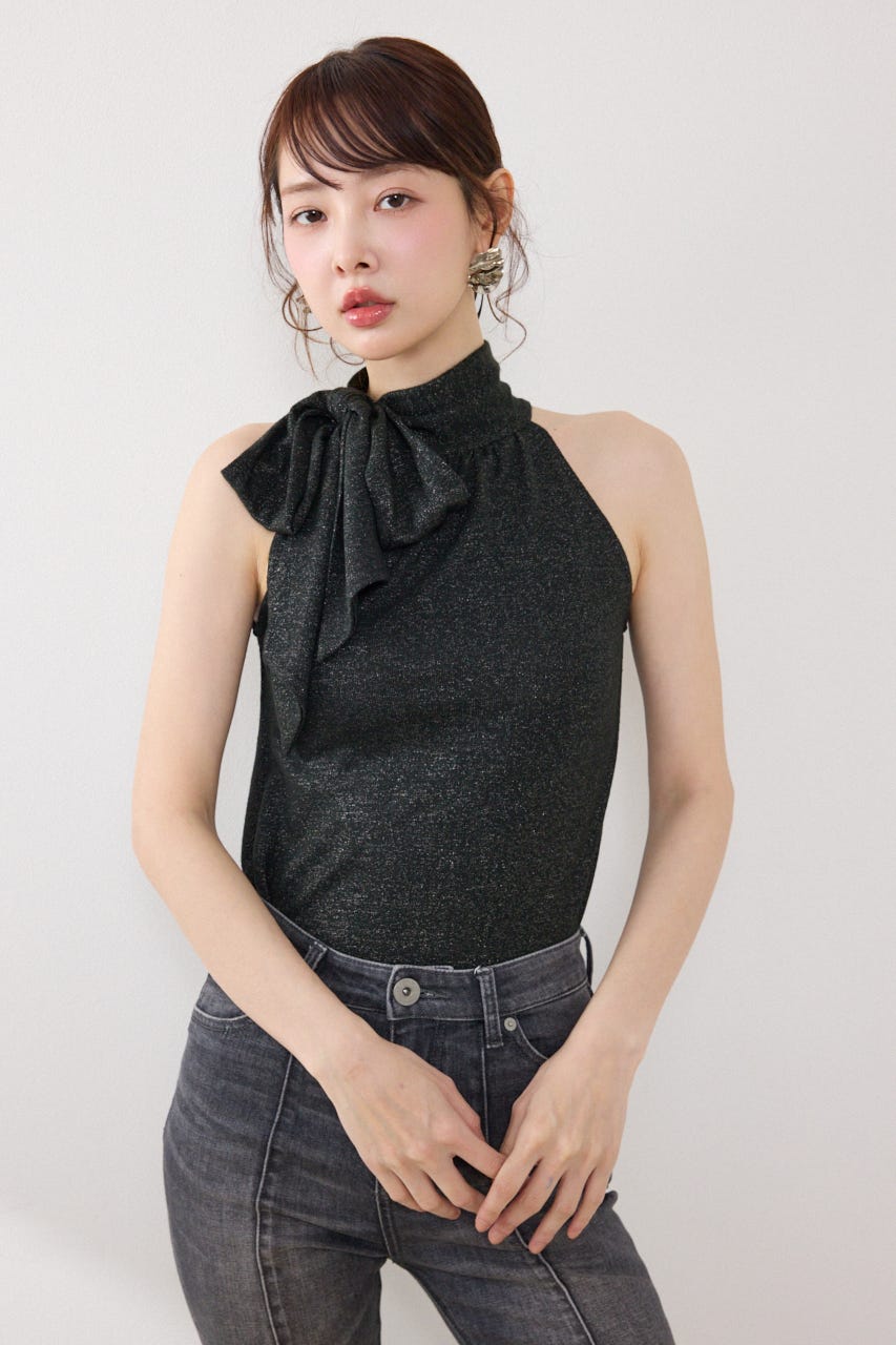 ラメフライスリボンネックトップス BLK FREE
