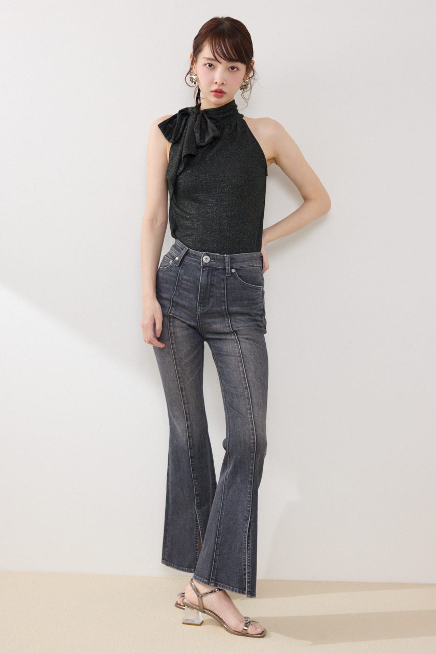 ラメフライスリボンネックトップス BLK FREE