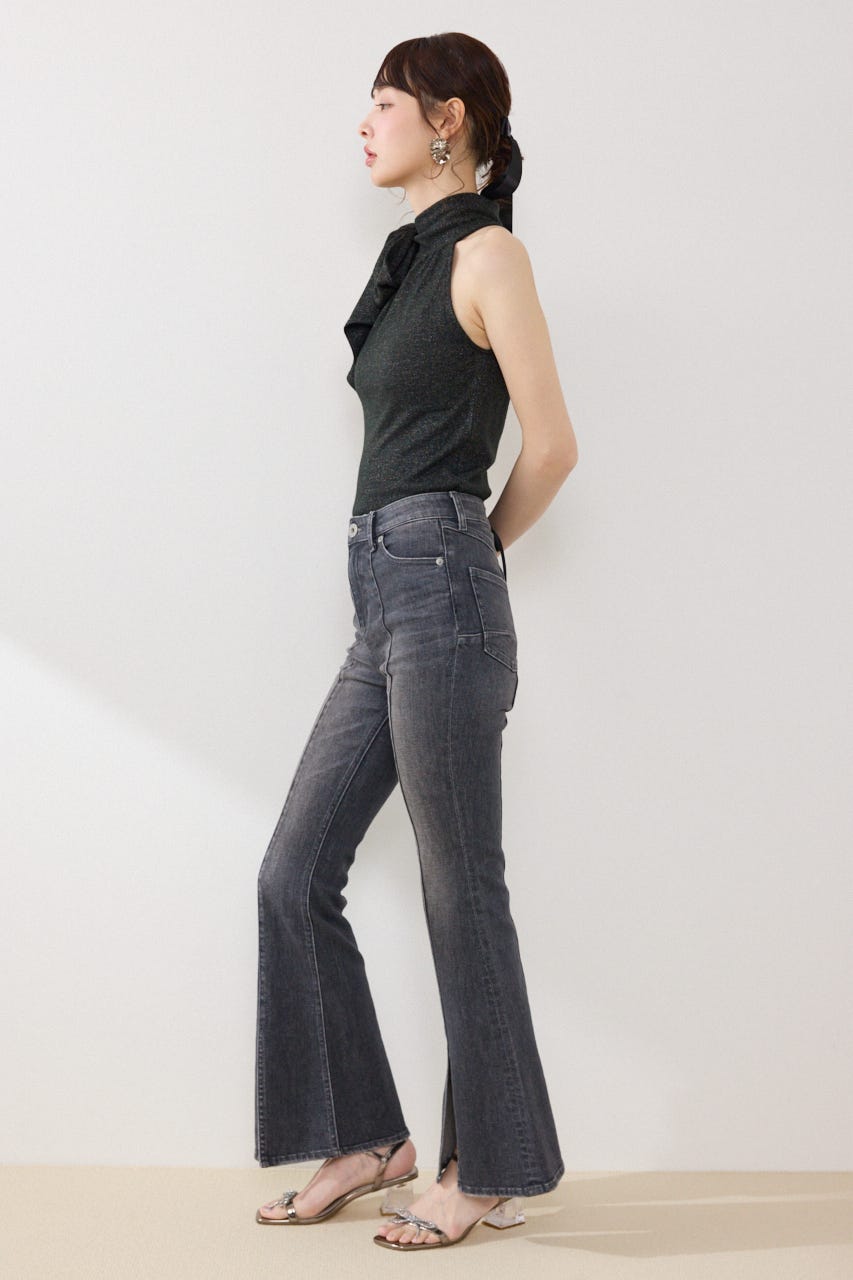 ラメフライスリボンネックトップス BLK FREE