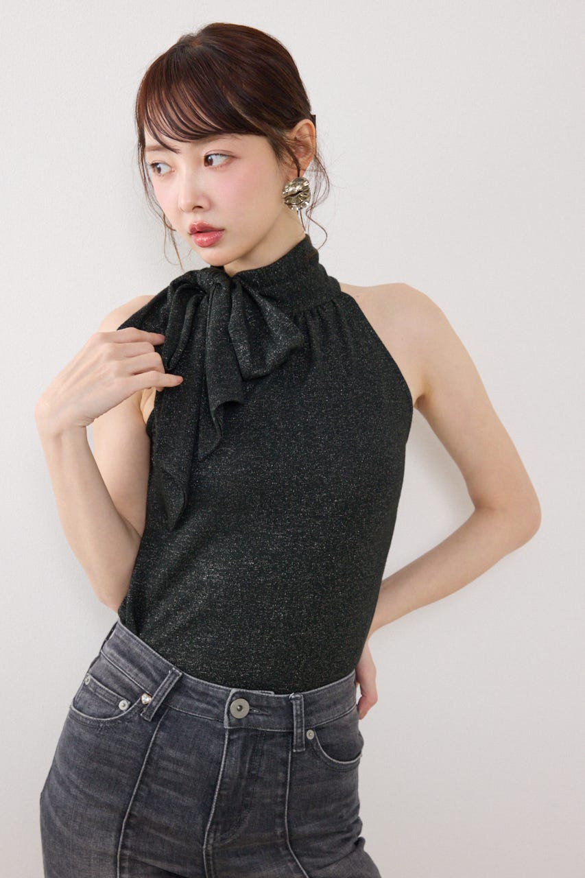 ラメフライスリボンネックトップス BLK FREE