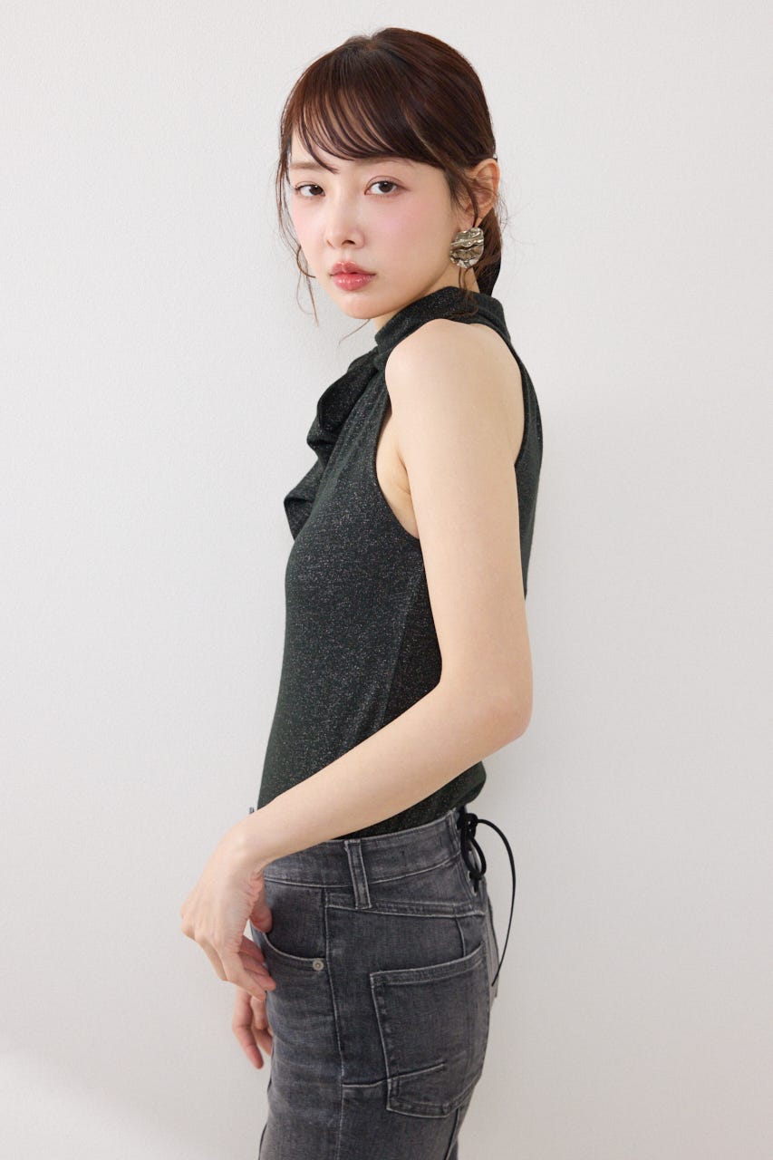 ラメフライスリボンネックトップス BLK FREE