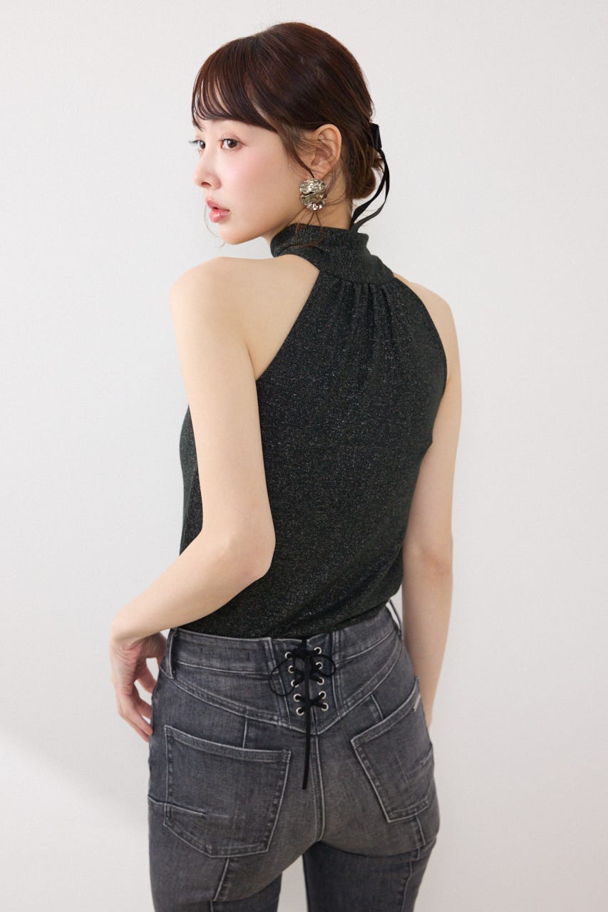 ラメフライスリボンネックトップス BLK FREE