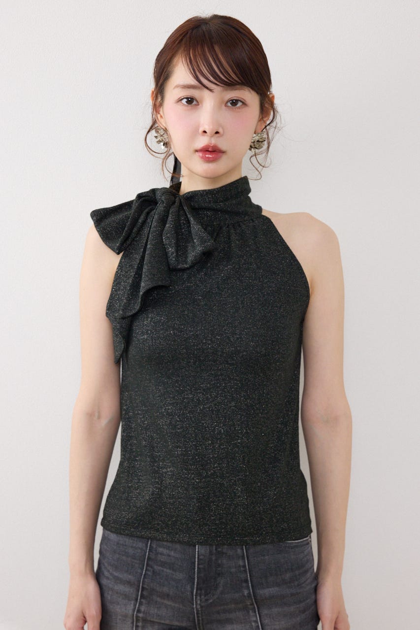 ラメフライスリボンネックトップス BLK FREE