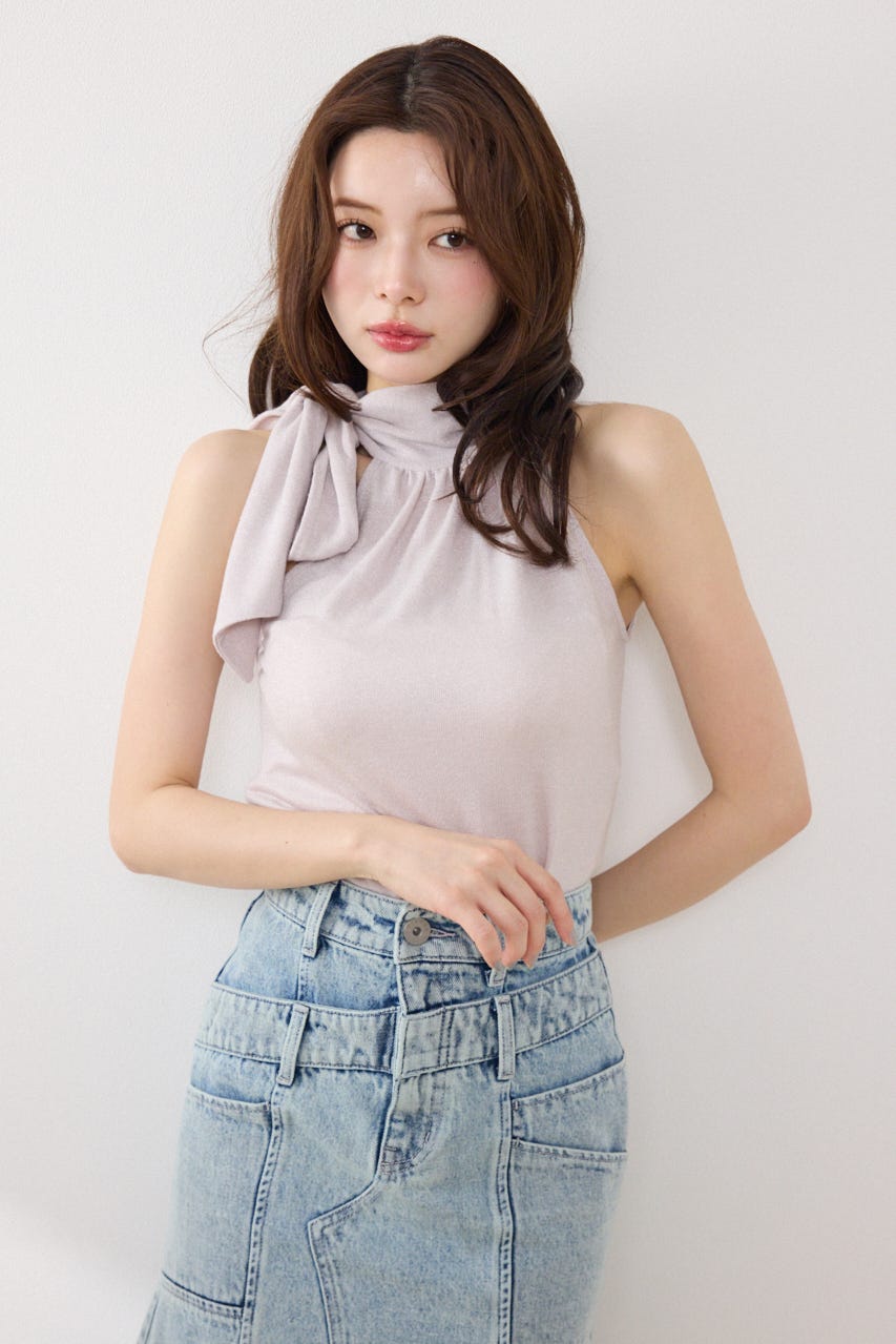 【GirlsAward着用アイテム】ラメフライスリボンネックトップス PNK FREE