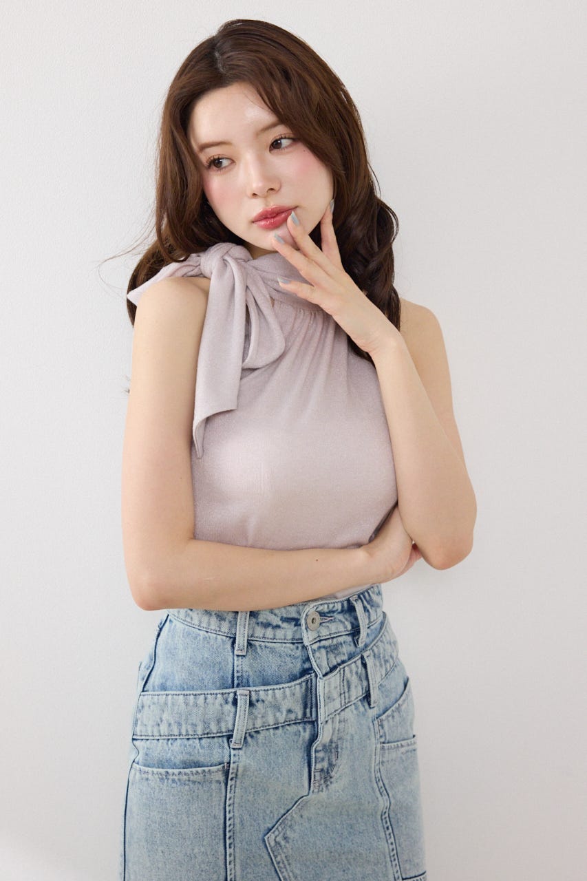 【GirlsAward着用アイテム】ラメフライスリボンネックトップス PNK FREE