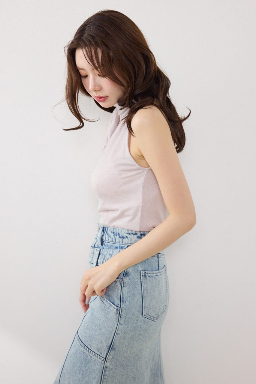 【GirlsAward着用アイテム】ラメフライスリボンネックトップス PNK FREE