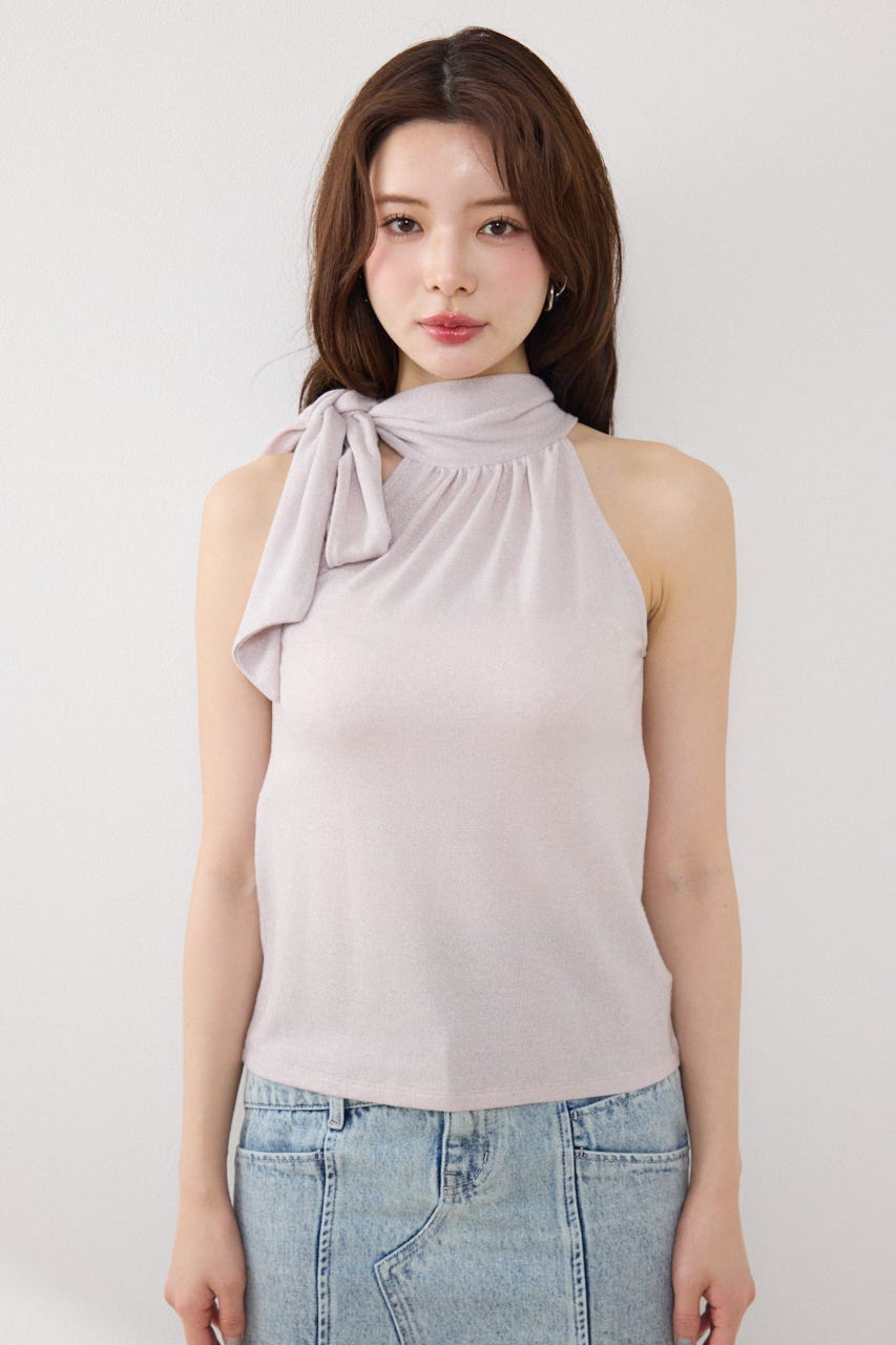 【GirlsAward着用アイテム】ラメフライスリボンネックトップス PNK FREE