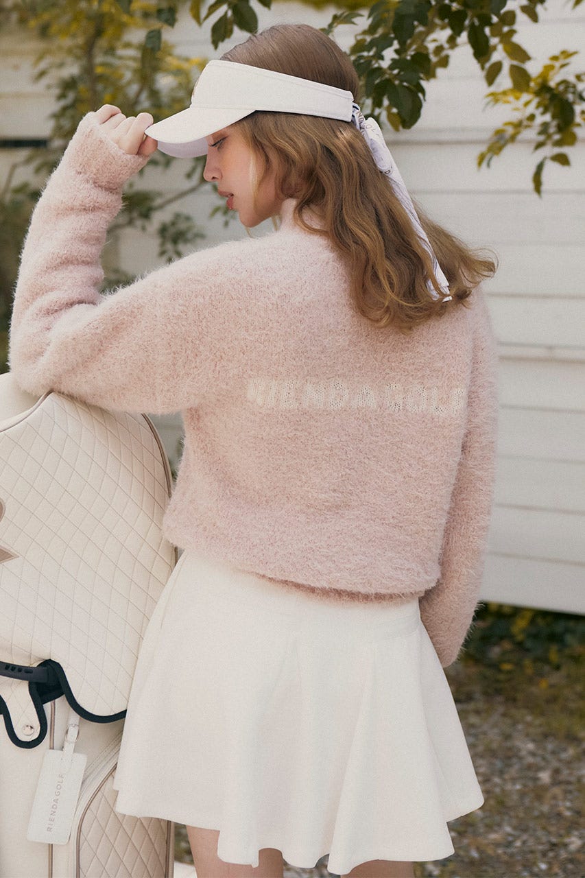 【一部店舗・WEB限定】【RIENDA GOLF】フェイクレザーロゴシャギーニットトップス PNK M