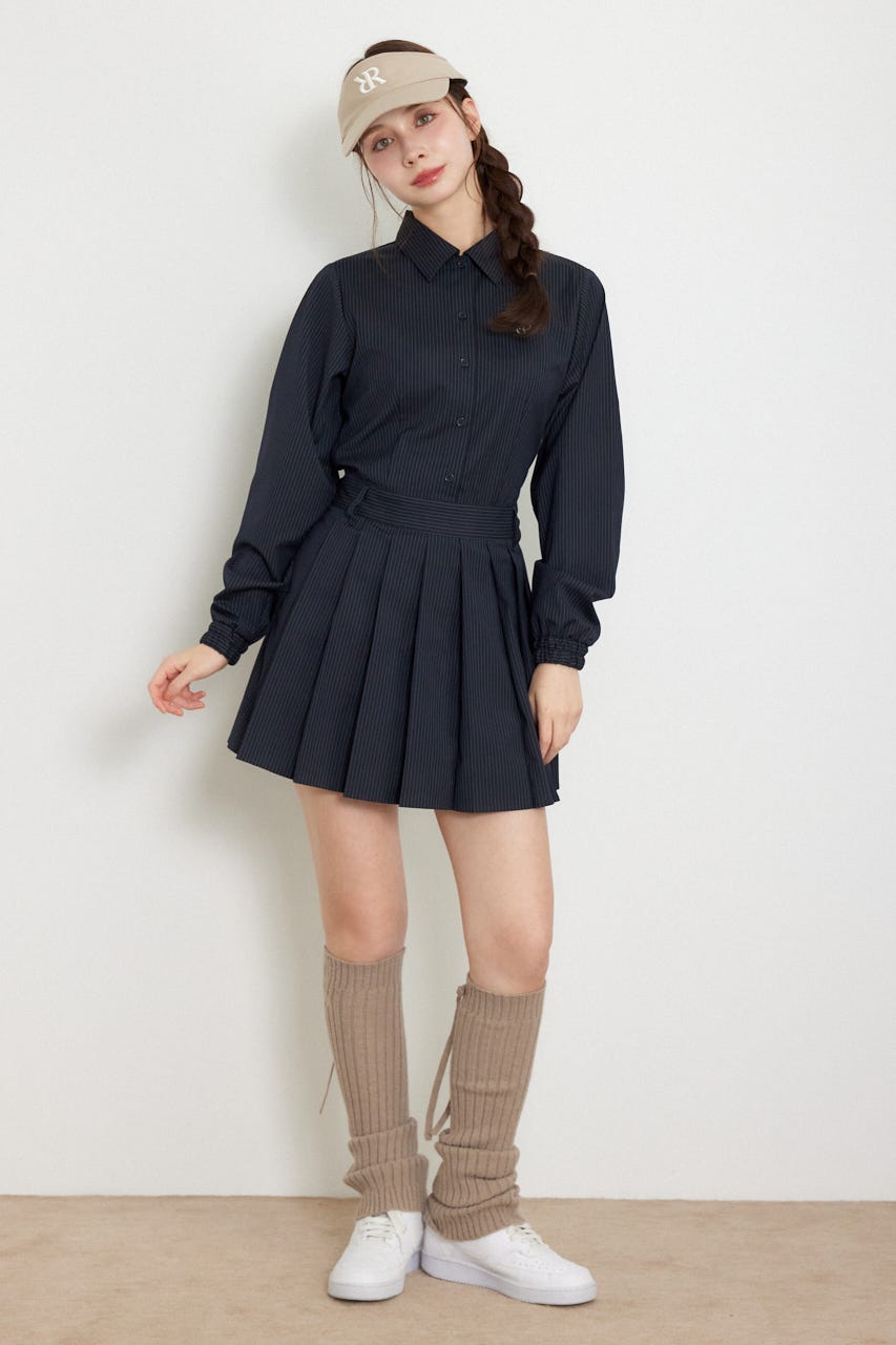【一部店舗・WEB限定】【RIENDA GOLF】ピンストライププリーツシャツワンピース NVY S