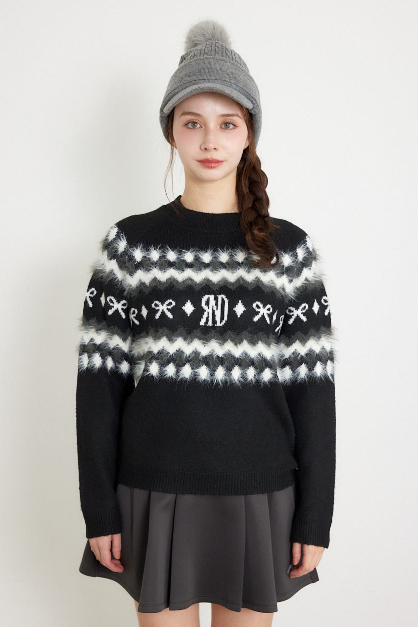 【一部店舗・WEB限定】【RIENDA GOLF】ノルディック柄襟付きニットトップス BLK M