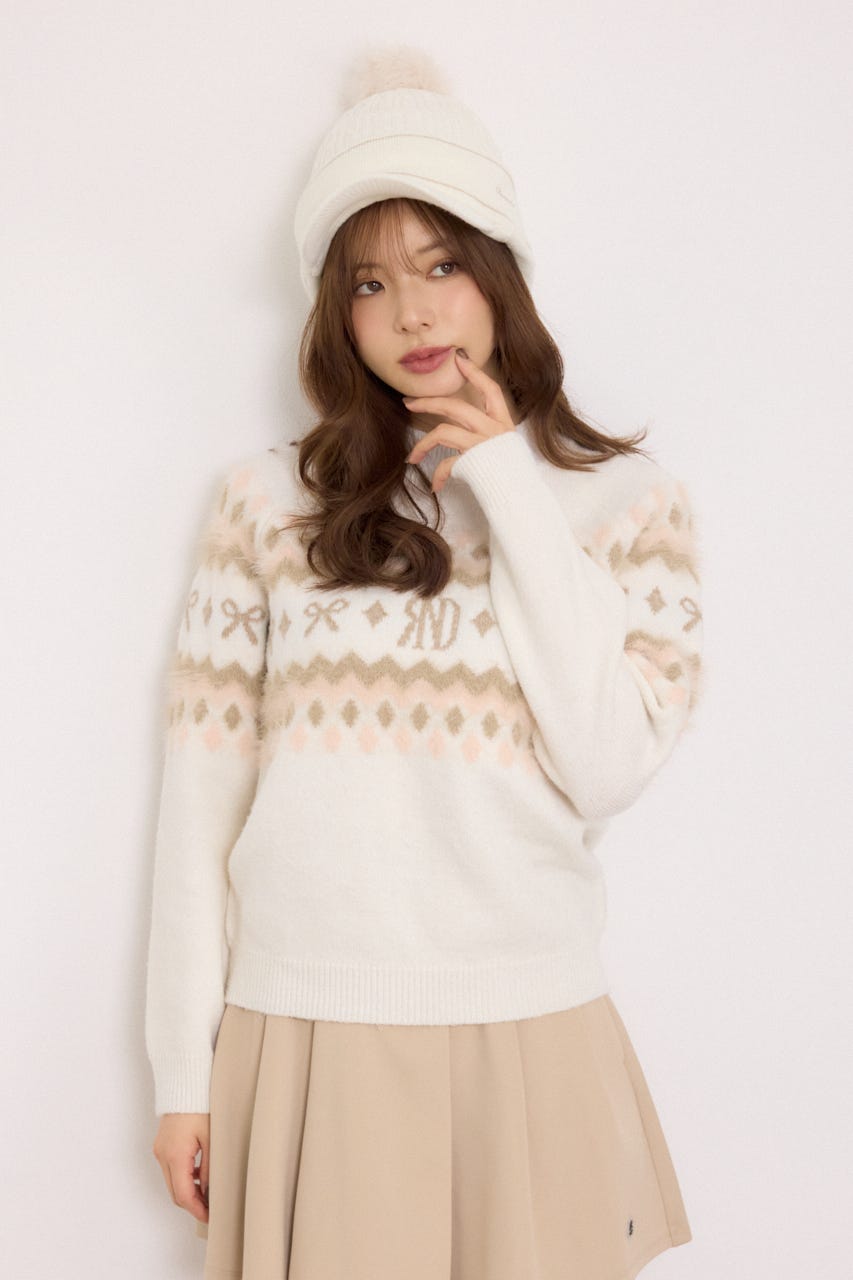 【一部店舗・WEB限定】【RIENDA GOLF】ノルディック柄襟付きニットトップス WHT M